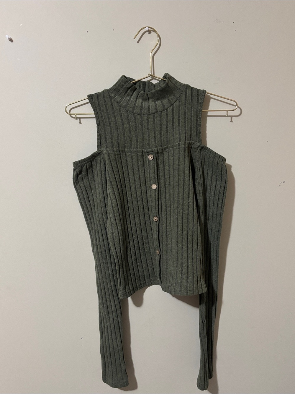 Chic Olive Green Ribbed Off-Shoulder Button-Back Sweater - Picture 2 of 3
